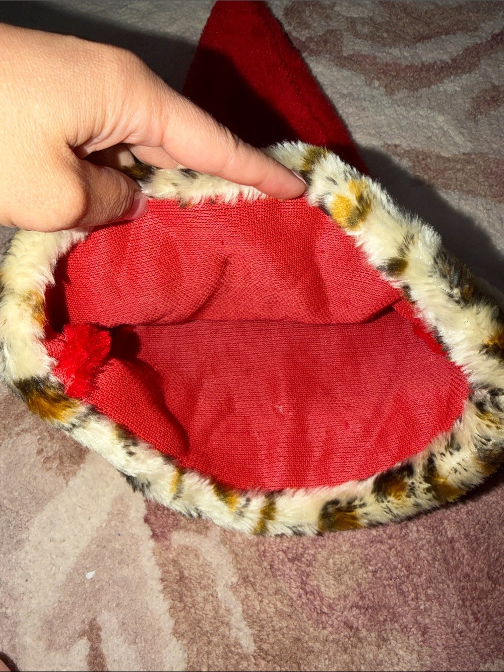 Red Faux Fur Santa Hat with Leopard Trim - Picture 2 of 2